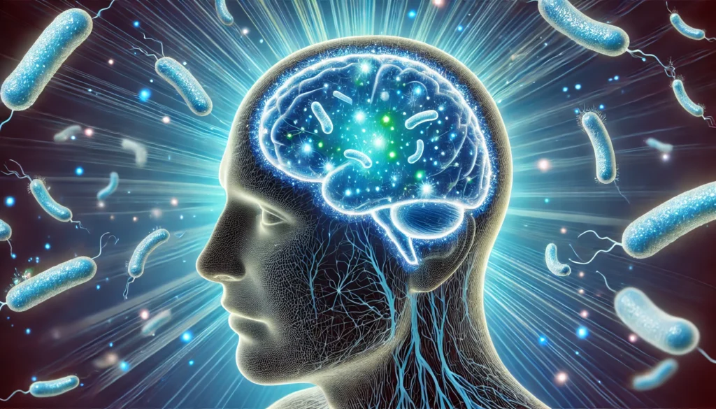 A futuristic depiction of probiotics boosting mental health, showing a radiant human brain with illuminated neural pathways. Tiny, friendly probiotic organisms appear to travel through these pathways, visually linking gut bacteria to cognitive function and emotional well-being.