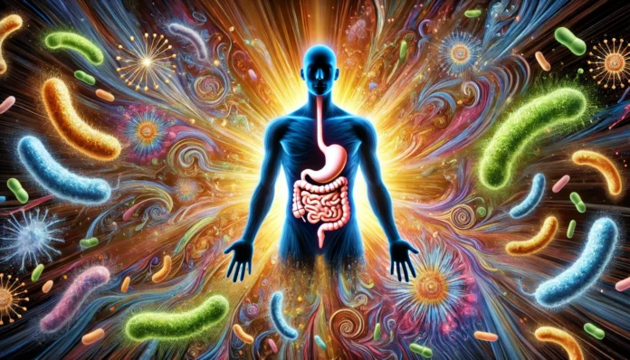 An artistic interpretation of a happy, healthy human silhouette with a glowing digestive tract, radiating energy and balance. Vibrant probiotic bacteria swirl around, symbolizing the connection between gut health, emotional well-being, and overall vitality.