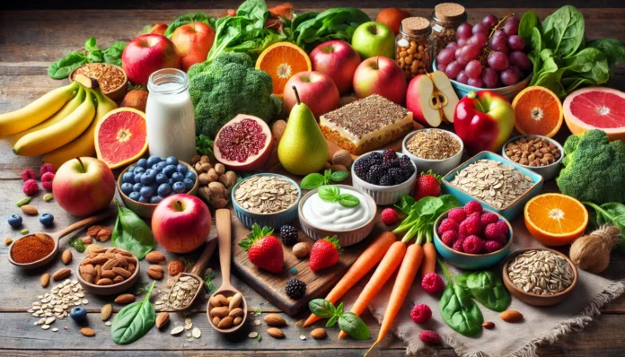 A vibrant assortment of fiber-rich foods for digestive health, including fresh fruits, vegetables, whole grains, nuts, seeds, and probiotic-rich yogurt, beautifully arranged on a wooden table.