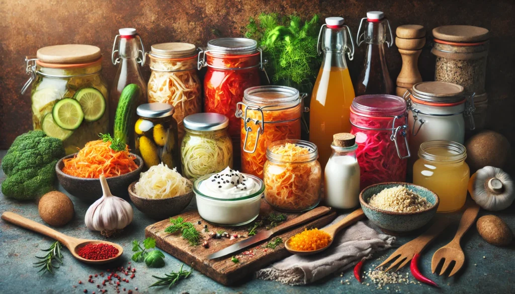 A colorful selection of gut-friendly fermented foods, such as kimchi, sauerkraut, miso, kefir, Greek yogurt, and kombucha, displayed on a rustic kitchen countertop with fresh herbs.