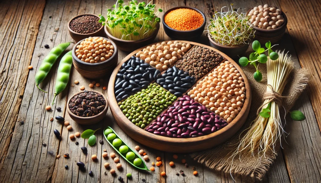 A beautifully arranged bowl of high-fiber legumes and pulses, featuring black beans, lentils, chickpeas, kidney beans, and green peas, complemented by sprouted legumes on a rustic wooden surface.