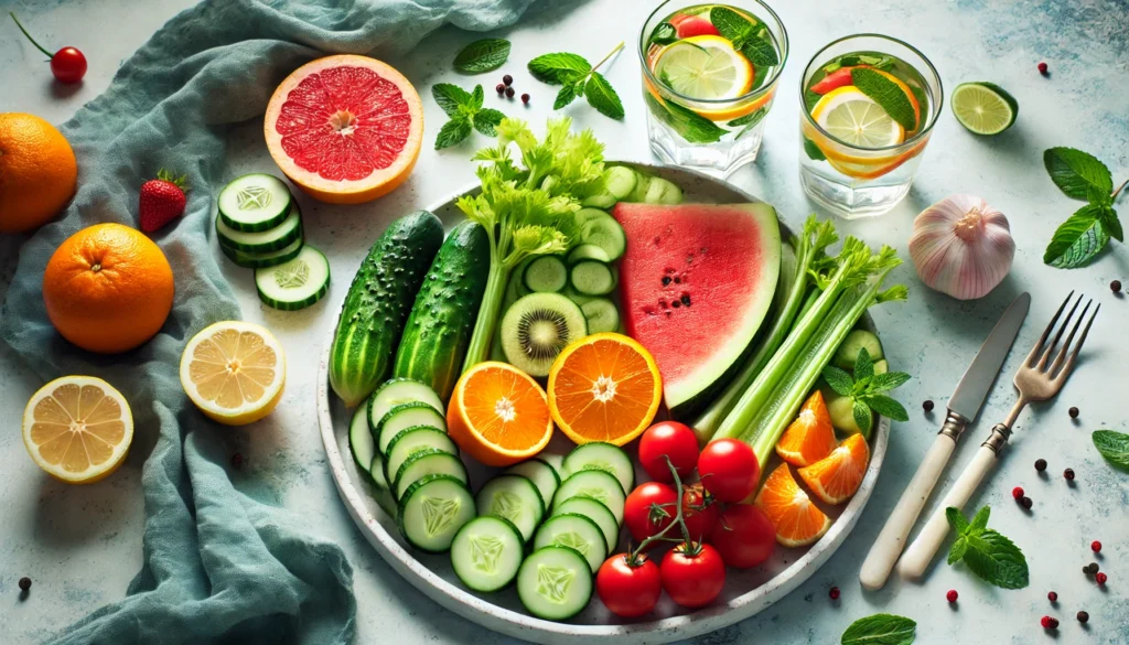 A fresh and vibrant plate of hydration-rich foods for digestive health, including cucumbers, watermelon, oranges, celery, and tomatoes, accompanied by a glass of infused water with lemon and mint on a white marble countertop.
