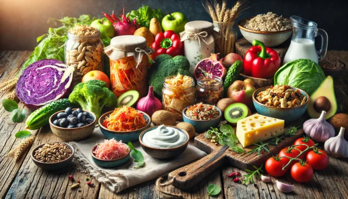 A vibrant display of probiotic and prebiotic-rich foods on a rustic wooden table, featuring fermented foods like kimchi, sauerkraut, and yogurt alongside fresh fruits, vegetables, and whole grains.