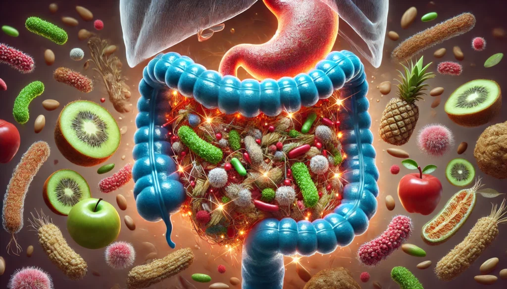 A close-up 3D illustration of a healthy gut microbiome with glowing, beneficial bacteria interacting with gut lining cells, surrounded by fiber-rich foods, symbolizing digestive and immune health.