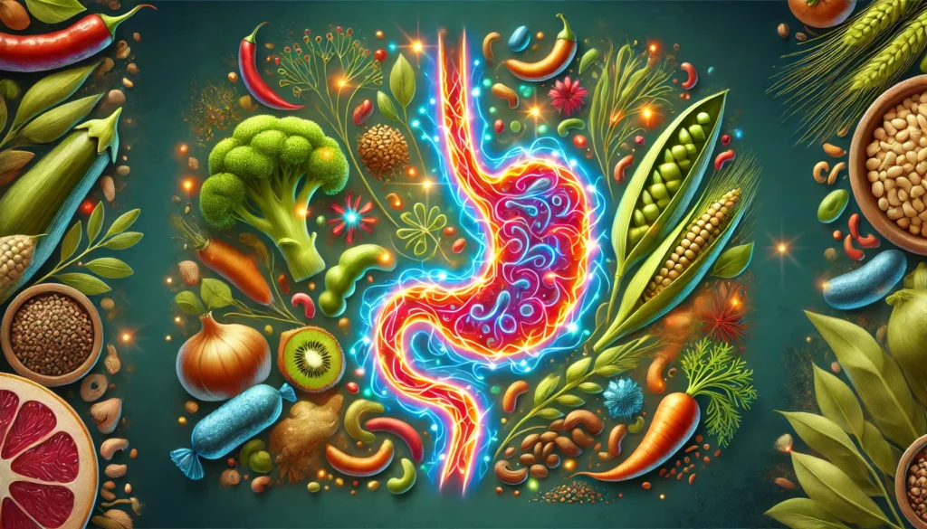 A stylized gut illustration with vibrant, glowing bacteria flourishing in harmony, complemented by fresh vegetables, legumes, and fermented foods, emphasizing diet's role in gut balance.