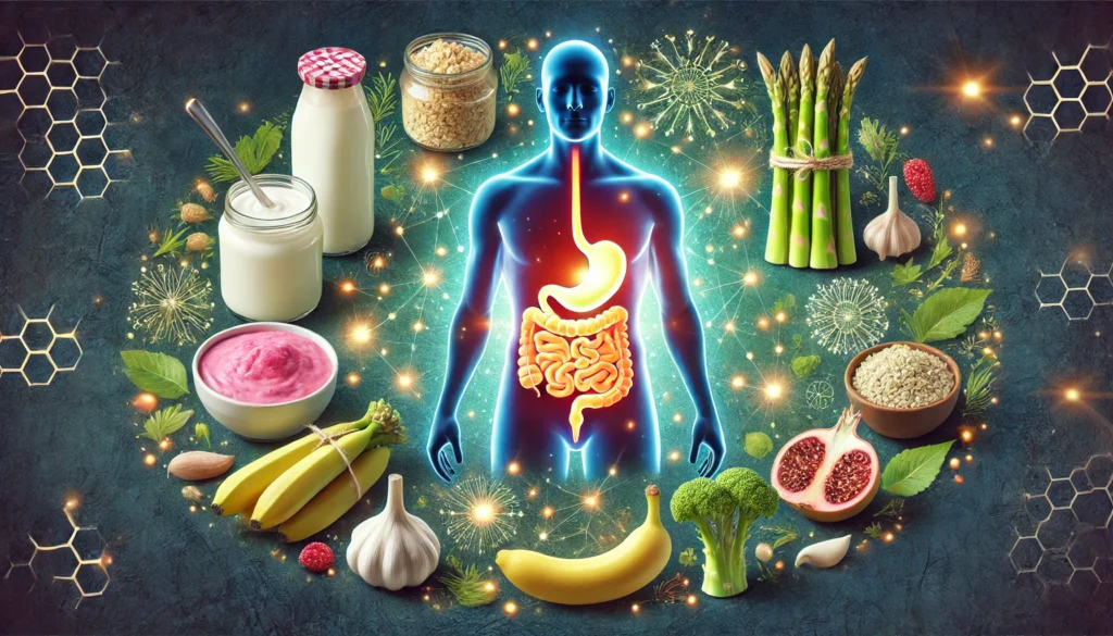 A wellness concept showing a human silhouette with a glowing digestive system, surrounded by probiotic and prebiotic foods like yogurt, kefir, bananas, asparagus, and garlic, highlighting gut health, digestion, and immunity.