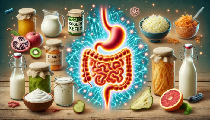 A glowing digestive system illustration surrounded by probiotic-rich foods such as yogurt, kimchi, kefir, sauerkraut, and kombucha, symbolizing optimal gut health and digestion.