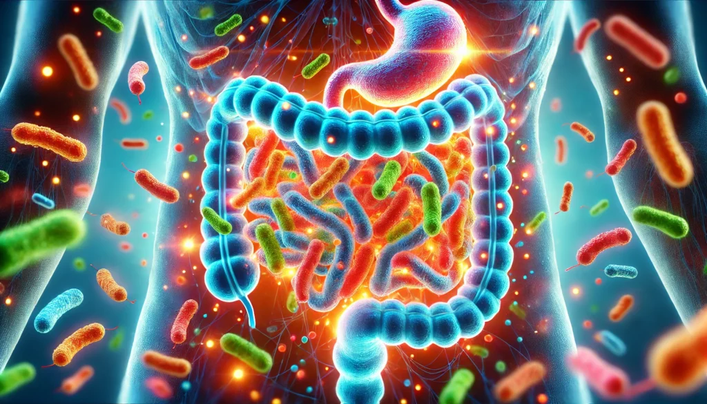 A microscopic view of vibrant, healthy gut bacteria in a balanced intestinal environment, representing the benefits of probiotics for digestive wellness.