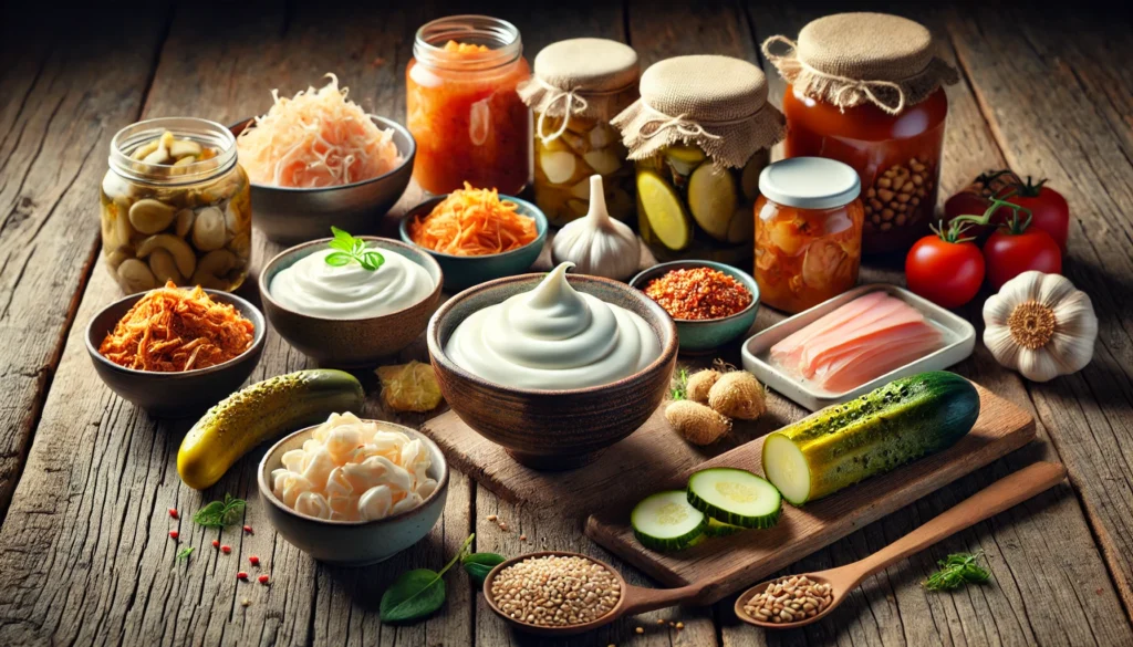 A beautifully arranged selection of probiotic-rich foods, including yogurt, kimchi, miso, pickles, and kombucha, displayed on a rustic wooden table with soft natural lighting.