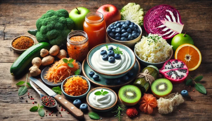 A vibrant assortment of probiotic-rich foods, including yogurt, kefir, sauerkraut, kimchi, kombucha, and fresh fruits, displayed on a rustic wooden table, symbolizing natural gut health and digestion support.