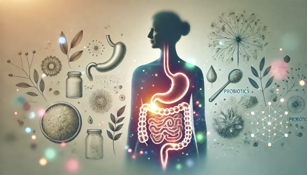 A wellness-inspired illustration of a woman’s silhouette with a glowing digestive system, surrounded by beneficial bacteria and healthy foods, representing probiotics' role in gut health and immunity.