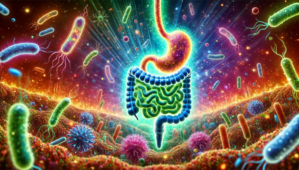 A microscopic view of gut microbiota, featuring diverse and glowing beneficial bacteria, symbolizing a healthy gut ecosystem and the role of probiotics in digestion and immune support.