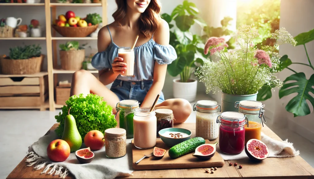 A woman enjoying a probiotic-rich smoothie in a bright, nature-filled setting, surrounded by fresh fruits, leafy greens, and fermented foods, emphasizing a holistic approach to gut health and natural immunity.