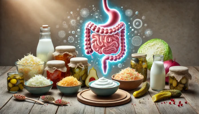 A wooden table displaying probiotic-rich foods such as yogurt, kimchi, sauerkraut, kefir, and pickles, with a glowing gut illustration in the background symbolizing digestive health and regularity.