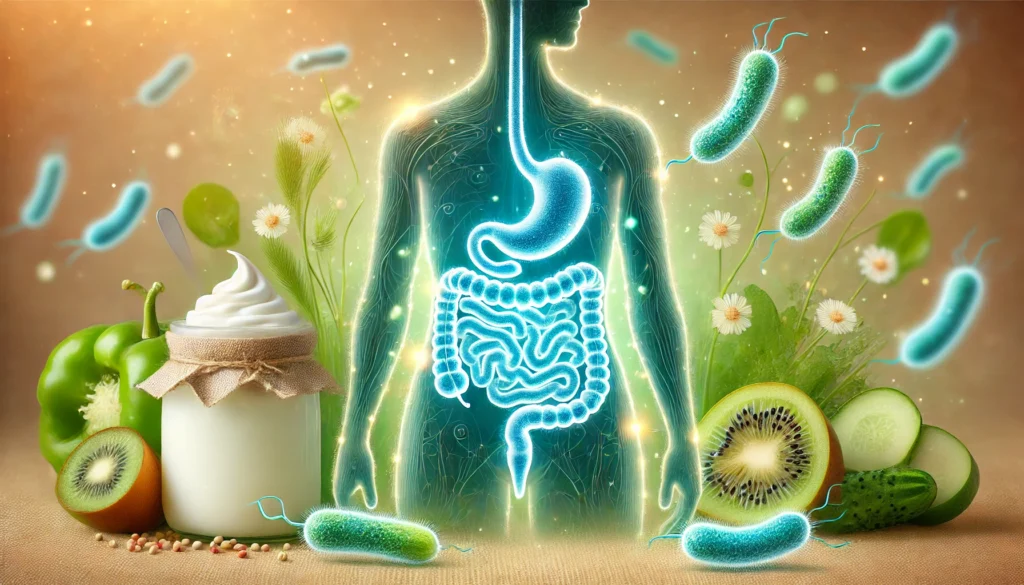 An abstract representation of gut health with a glowing digestive system surrounded by friendly probiotic bacteria, set against a natural gradient background with yogurt swirls and fresh vegetables.