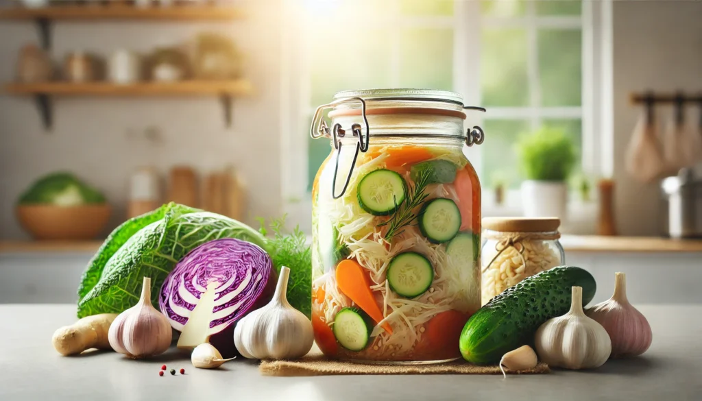 A close-up of a glass jar filled with colorful fermented vegetables, including cabbage, carrots, and cucumbers, surrounded by fresh garlic and ginger in a warm, minimalist kitchen setting.