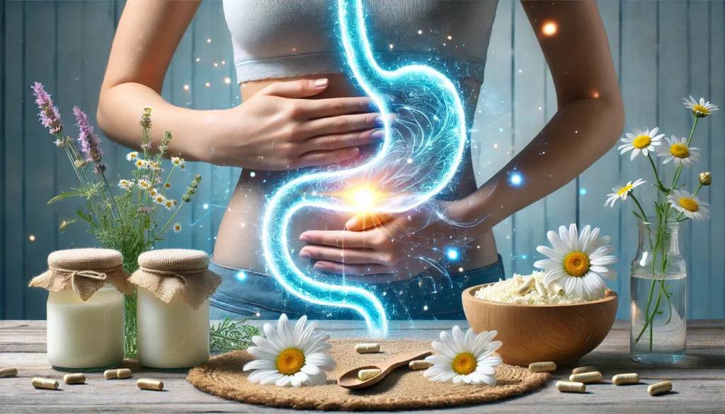A conceptual image of a person placing their hands over their stomach, with a glowing swirl effect symbolizing relief from bloating and constipation, surrounded by probiotics, chamomile flowers, and calming blue hues.