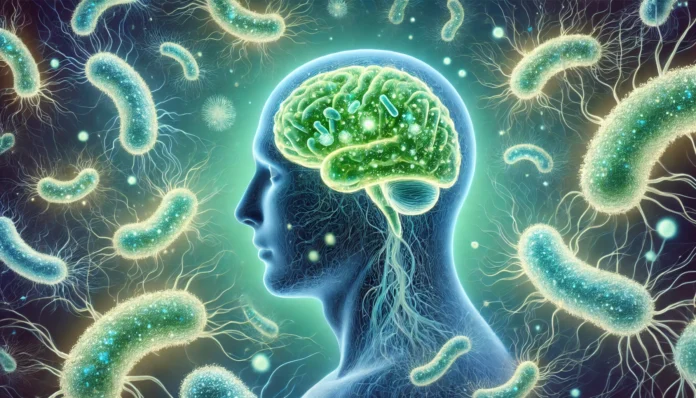 A serene human brain surrounded by glowing, beneficial probiotic bacteria in a calming blue-green environment. The bacteria interact with neural pathways, symbolizing stress relief, mood balance, and the positive effects of probiotics on mental health