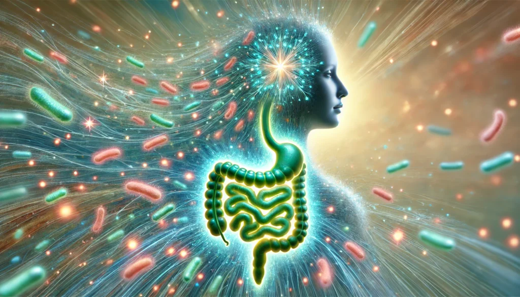 An artistic visualization of a glowing gut microbiome emitting calming energy that flows into a peaceful, relaxed human face. The image symbolizes how probiotics support mood balance, stress reduction, and mental clarity
