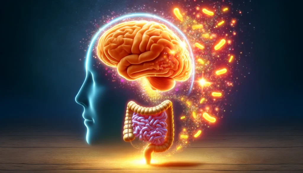 A conceptual illustration of the gut-brain connection, showing a vibrant, happy brain seamlessly linked to a healthy digestive system. Glowing probiotic bacteria flow between them, representing balance, emotional stability, and probiotics’ role in mental well-being