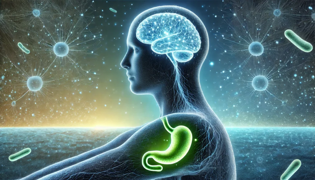 A futuristic representation of probiotics enhancing mental health, featuring a tranquil human silhouette with a glowing neural network in the brain, connected to a thriving gut microbiome. The background blends calming blue and green hues, symbolizing emotional stability and relaxation.