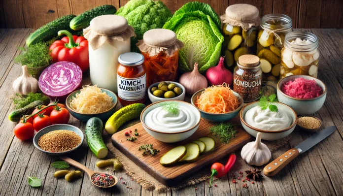 A variety of probiotic-rich foods, including yogurt, kimchi, sauerkraut, kombucha, miso, and pickles, arranged on a rustic wooden table with fresh vegetables and herbs, symbolizing gut health and weight loss