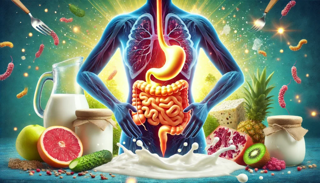 An artistic representation of a glowing digestive system surrounded by probiotic foods like yogurt, kefir, and fermented vegetables, symbolizing improved gut health and weight management.