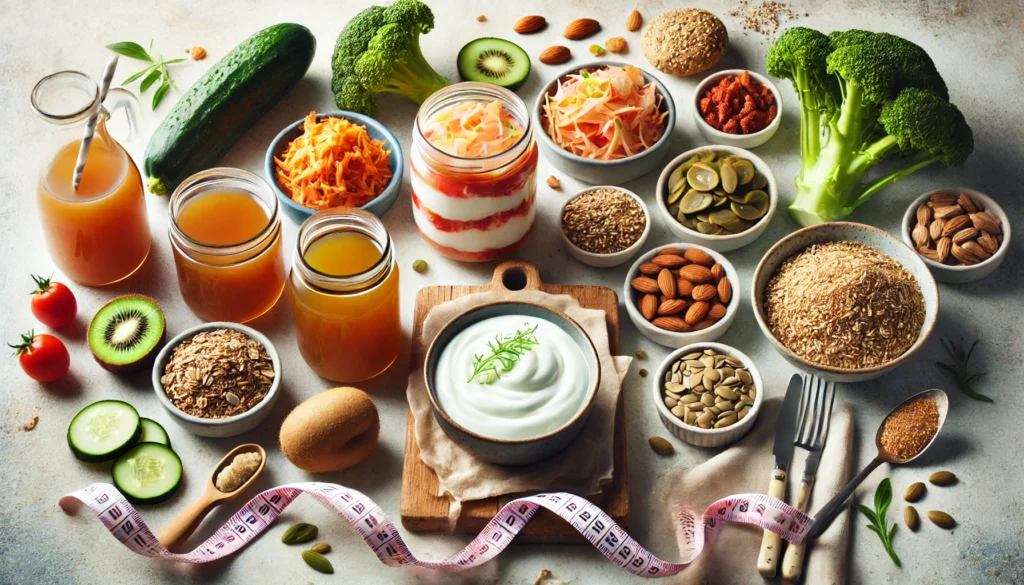 A flat lay of a gut-healthy meal plan featuring probiotic foods such as yogurt, kimchi, and kombucha, along with fiber-rich vegetables, nuts, and seeds, with a measuring tape symbolizing weight management.