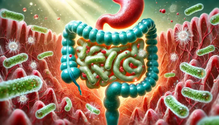 Artistic depiction of probiotics interacting with the intestinal lining, visually shifting the gut from red inflammation to a healthy blue-green state.