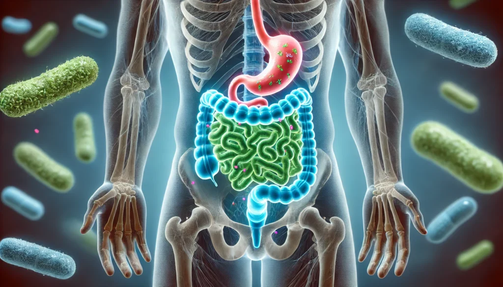 Medical illustration of a semi-transparent human torso with a glowing digestive tract, highlighting the transformation of intestines from an irritated state to a calm, healthy balance.