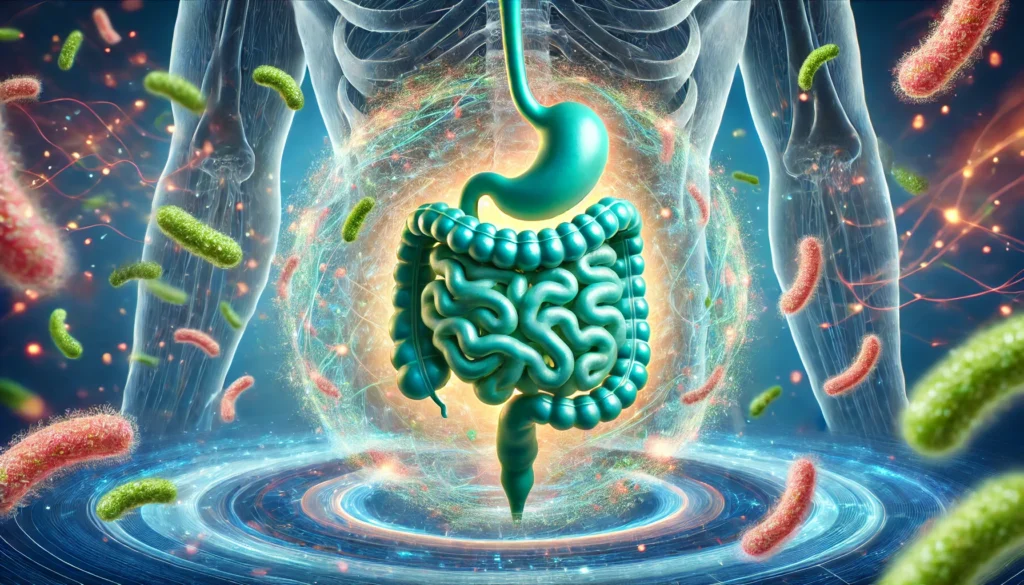 Conceptual representation of probiotics aiding digestion, with swirling beneficial bacteria pushing away harmful bacteria inside a glowing, revitalized intestine.