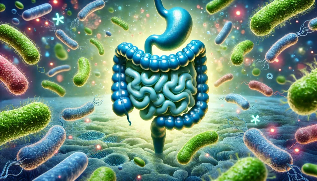 A vibrant depiction of probiotics promoting gut health, featuring a glowing digestive system surrounded by beneficial bacteria in shades of blue and green, symbolizing digestive balance and wellness.