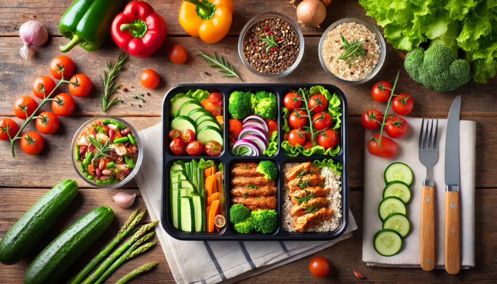 A top-down view of a meal prep container with portion-controlled healthy meals, including lean protein, vegetables, and whole grains, placed on a wooden table with fresh ingredients around.