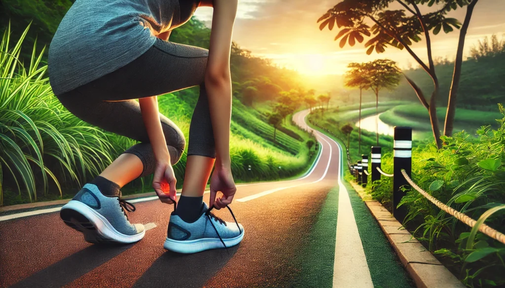 A fit person tying their running shoes on a scenic outdoor trail during sunrise, symbolizing dedication to regular exercise with a lush, refreshing background