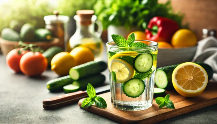 A glass of infused detox water with lemon, cucumber, and mint on a kitchen counter, representing hydration, detoxification, and a healthy lifestyle
