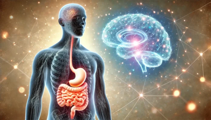 A surreal visualization of the gut-brain connection, showing a glowing digestive system seamlessly transforming into a neural network. The background has a soft, ethereal glow, symbolizing harmony and mental well-being