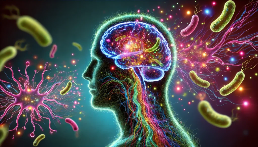 An artistic representation of probiotics and gut flora interacting with the brain. Vibrant, glowing microbiota in the intestines communicate with a translucent head silhouette filled with neural pathways, depicting the gut-brain axis.