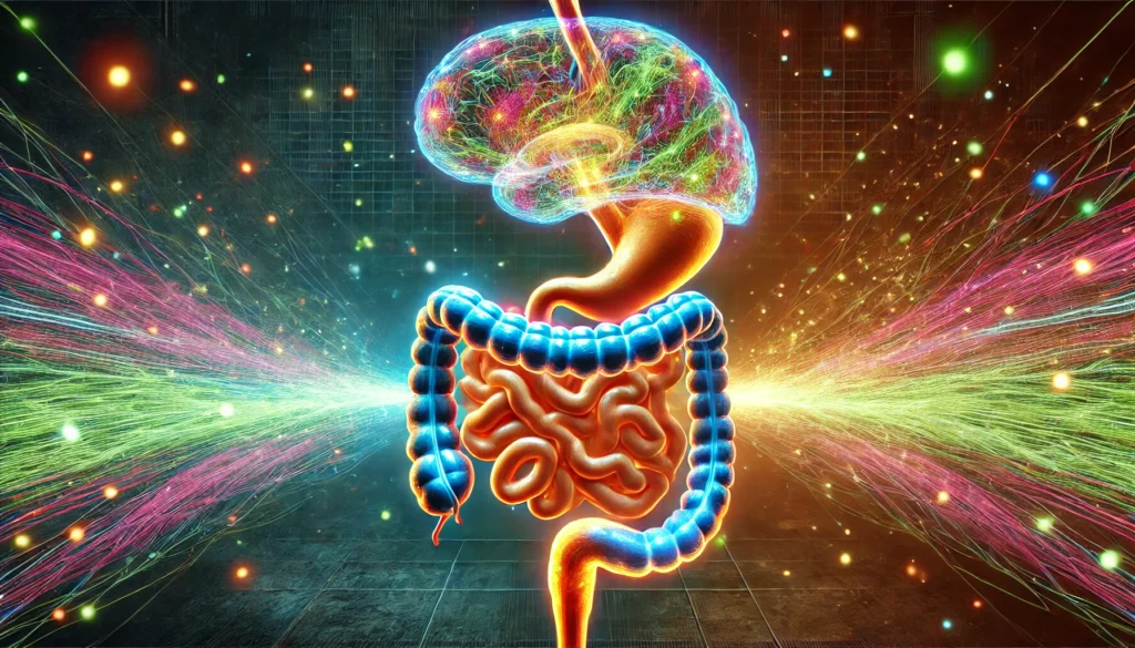 A conceptual artwork illustrating the connection between the digestive system and the brain. A glowing, healthy gut microbiome transitions into neural activity through streams of light, emphasizing the impact of digestion on mental well-being.