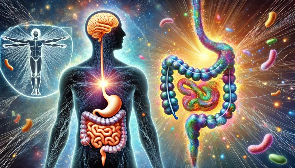 A surreal illustration of a human figure with a glowing digestive tract and a luminous brain, interconnected by swirling energy lines. The intestines are filled with diverse, colorful microbiota, symbolizing a healthy gut and its role in mental health.