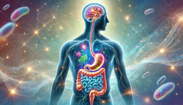 A surreal depiction of the human brain and gut connection, featuring a glowing brain and intestines linked by swirling neural pathways of light. Inside the intestines, a vibrant ecosystem of microscopic flora, bacteria, and neurons illustrates the gut-brain axis.