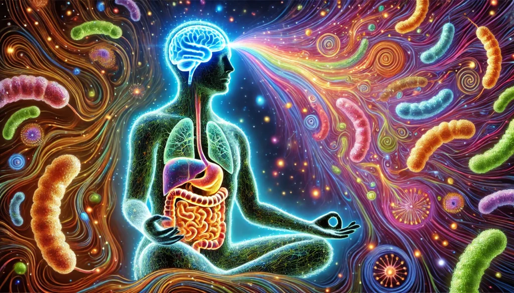 An artistic visualization of the gut-brain connection, showing a meditating person with a luminous gut microbiome and glowing bacteria. Neural energy waves from the brain seamlessly connect with the vibrant gut flora, symbolizing the influence of gut health on mental well-being
