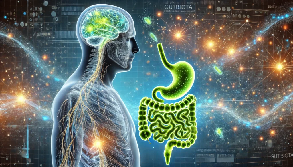 A futuristic illustration of the gut-brain connection, depicting a semi-transparent human figure with a glowing digestive system filled with bioluminescent microbiota. Energy streams connect the gut to the brain, symbolizing scientific advancements in understanding mental well-being through gut health.