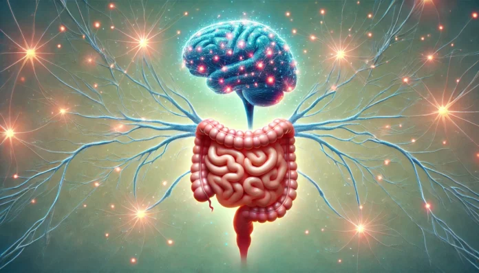 A surreal illustration of the human brain interconnected with the digestive system through glowing neural pathways. The intestines are intertwined with neurons, symbolizing the gut-brain connection and its impact on mental health. A dreamy, abstract background evokes cognitive well-being.