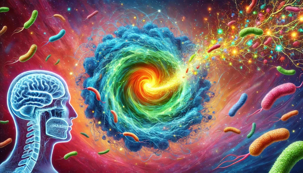 A vibrant conceptual artwork showcasing the gut microbiome influencing the brain. A swirling vortex of beneficial gut bacteria transforms into a glowing neural network, depicting the connection between gastrointestinal health and mental clarity. A soothing blend of colors enhances the sense of harmony