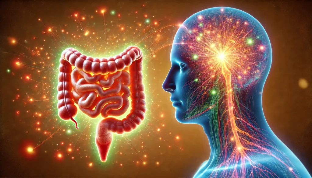 A conceptual visualization of the gut-brain axis, with a glowing connection between a healthy digestive system and a serene human face. The intestines emit radiant energy traveling through neural pathways to the brain, emphasizing the impact of gut health on emotional and cognitive balance.
