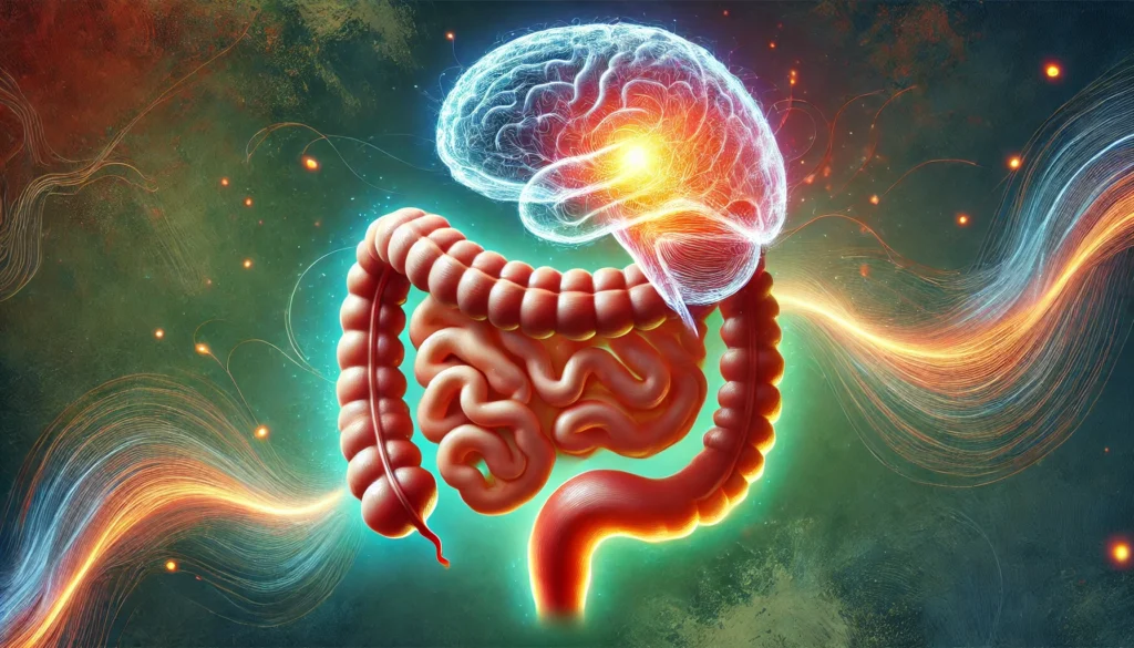 An artistic representation of a balanced gut-brain connection, where a glowing, healthy digestive tract seamlessly merges into a vibrant brain. Swirling waves of energy move between the organs, symbolizing the flow of neurotransmitters and the influence of gut health on mental clarity.