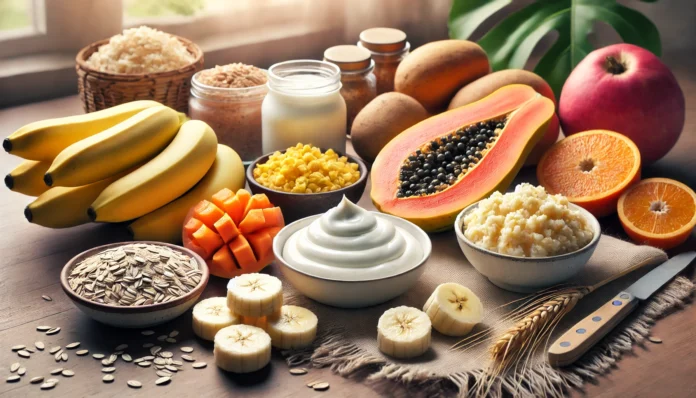 A visually appealing spread of easily digested foods, including bananas, ripe papaya, plain yogurt, mashed potatoes, and oatmeal, arranged on a wooden kitchen counter with soft natural lighting.