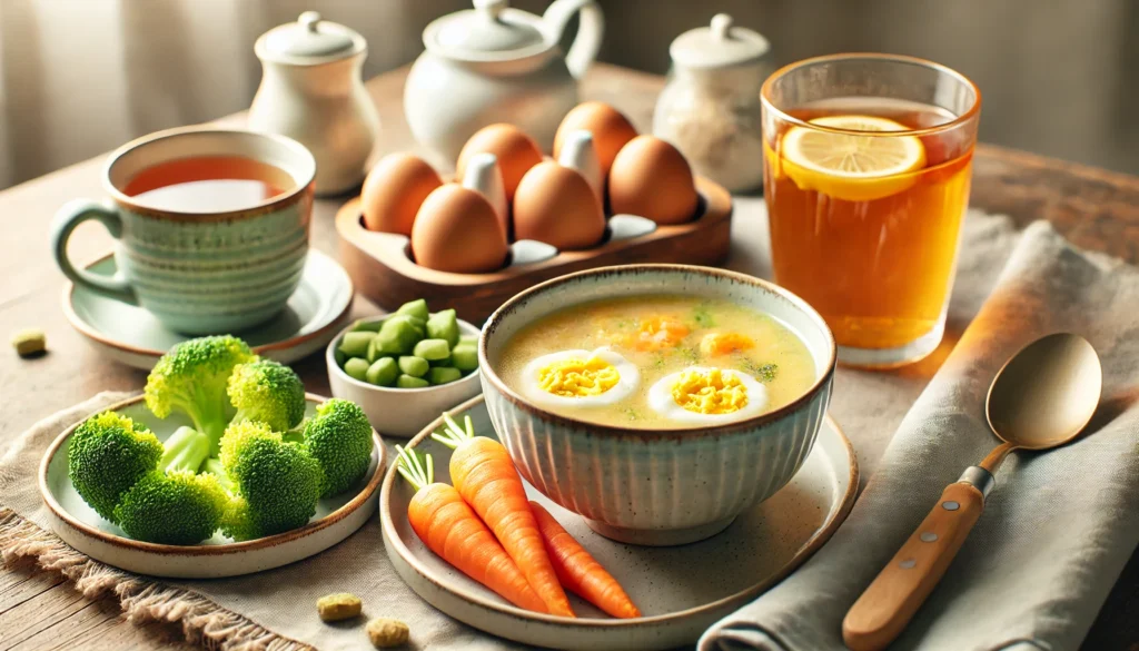 A wholesome meal of gut-friendly foods featuring a bowl of smooth vegetable soup, scrambled eggs, boiled carrots, and a glass of herbal tea, set on a cozy dining table.