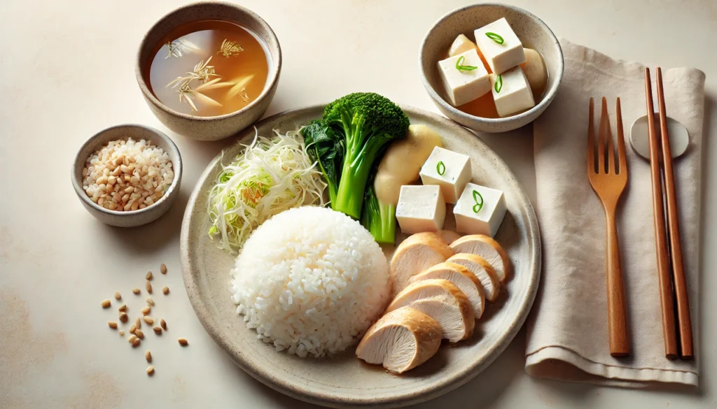 A fresh and minimalistic arrangement of gut-friendly foods, including steamed white rice, poached chicken, soft tofu, and a bowl of bone broth, presented on a neutral-colored plate with gentle natural lighting