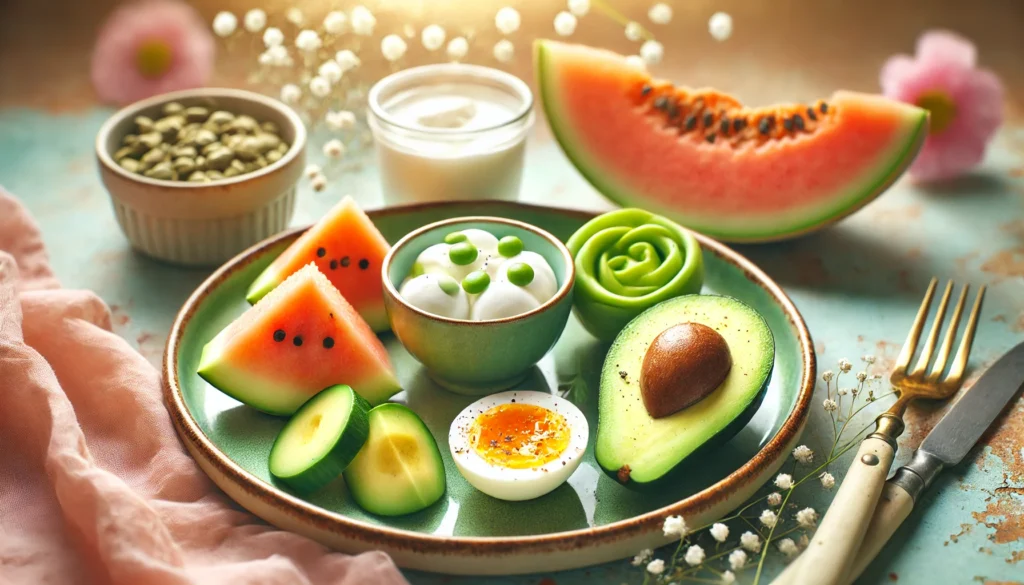 A vibrant and nutritious plate of easy-to-digest foods, featuring creamy avocado slices, ripe melon, a soft-boiled egg, and a small bowl of probiotic-rich kefir, set against a warm, softly blurred background